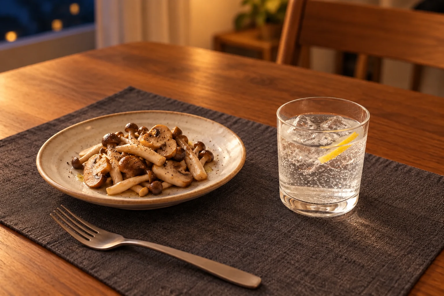 小さめのジントニックと、黒こしょうを少し振ったきのこのソテーを置いた食卓のイメージ。