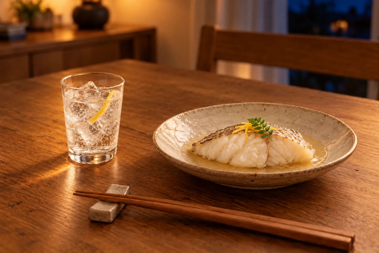 木の芽と柚子皮を添えた白身魚の蒸し料理に、レモン皮入りの小さなジン＆ソニックを合わせた食卓のイメージ。