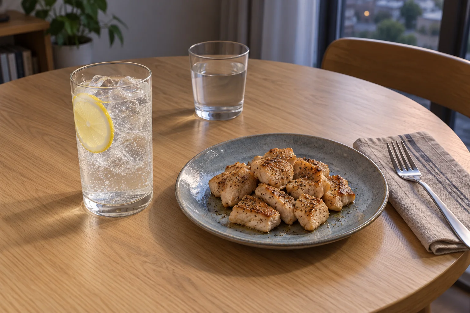 レモン入りのジントニックと、鶏肉の塩こしょう焼きを合わせた食卓のイメージ。