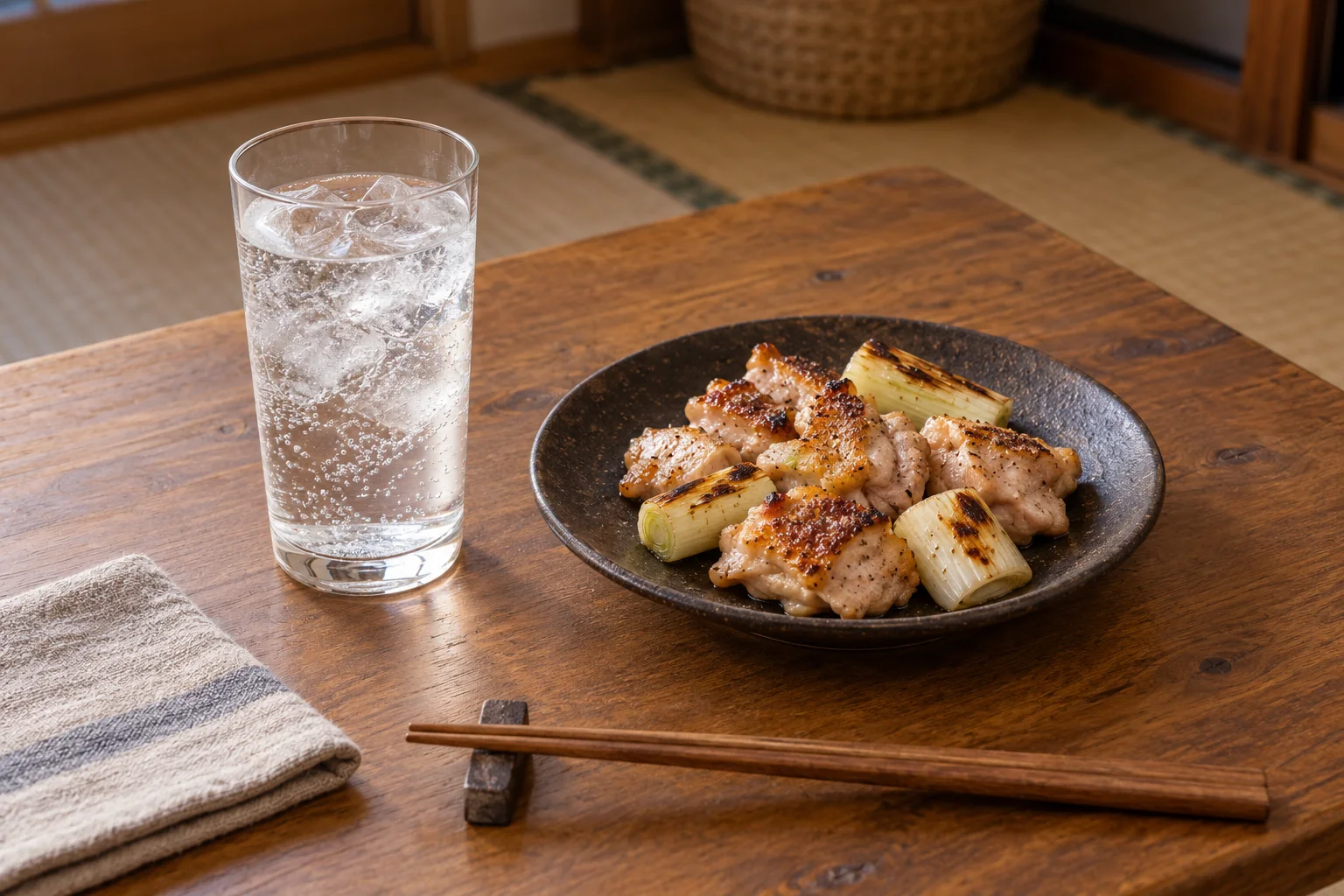 氷を入れたジンソーダと、鶏肉・長ねぎの塩焼きを並べた家庭の食卓のイメージ。