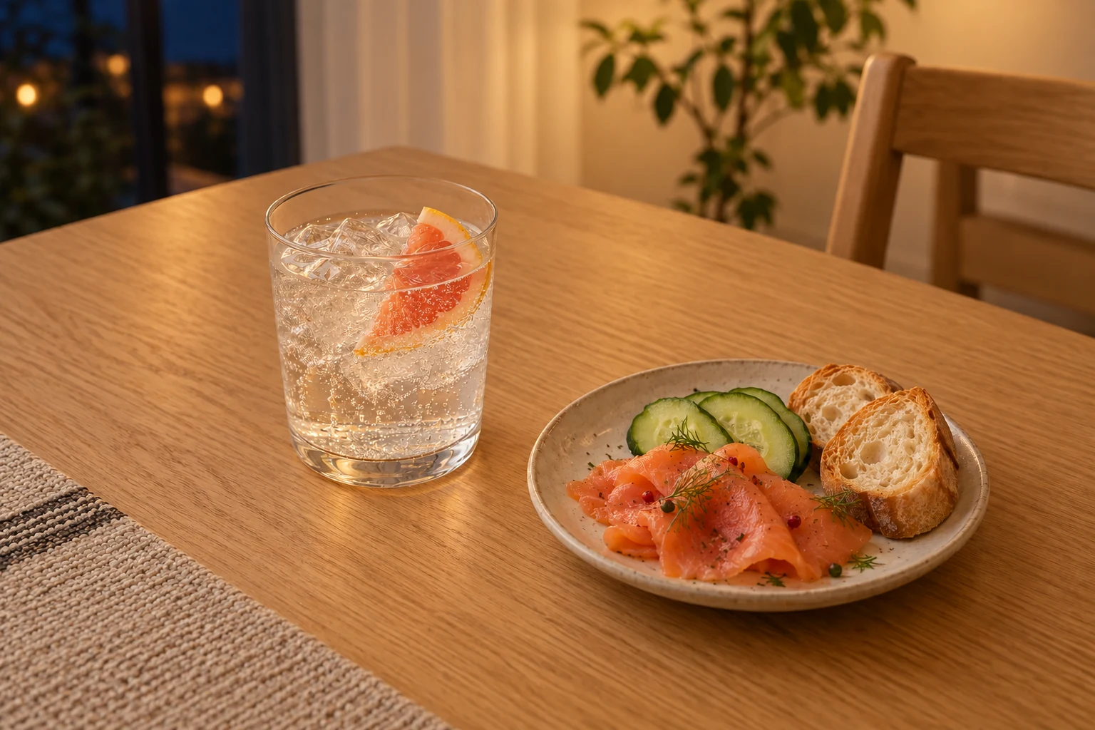 グレープフルーツ入りの一杯と、スモークサーモンやきゅうりを合わせた食卓のイメージ。