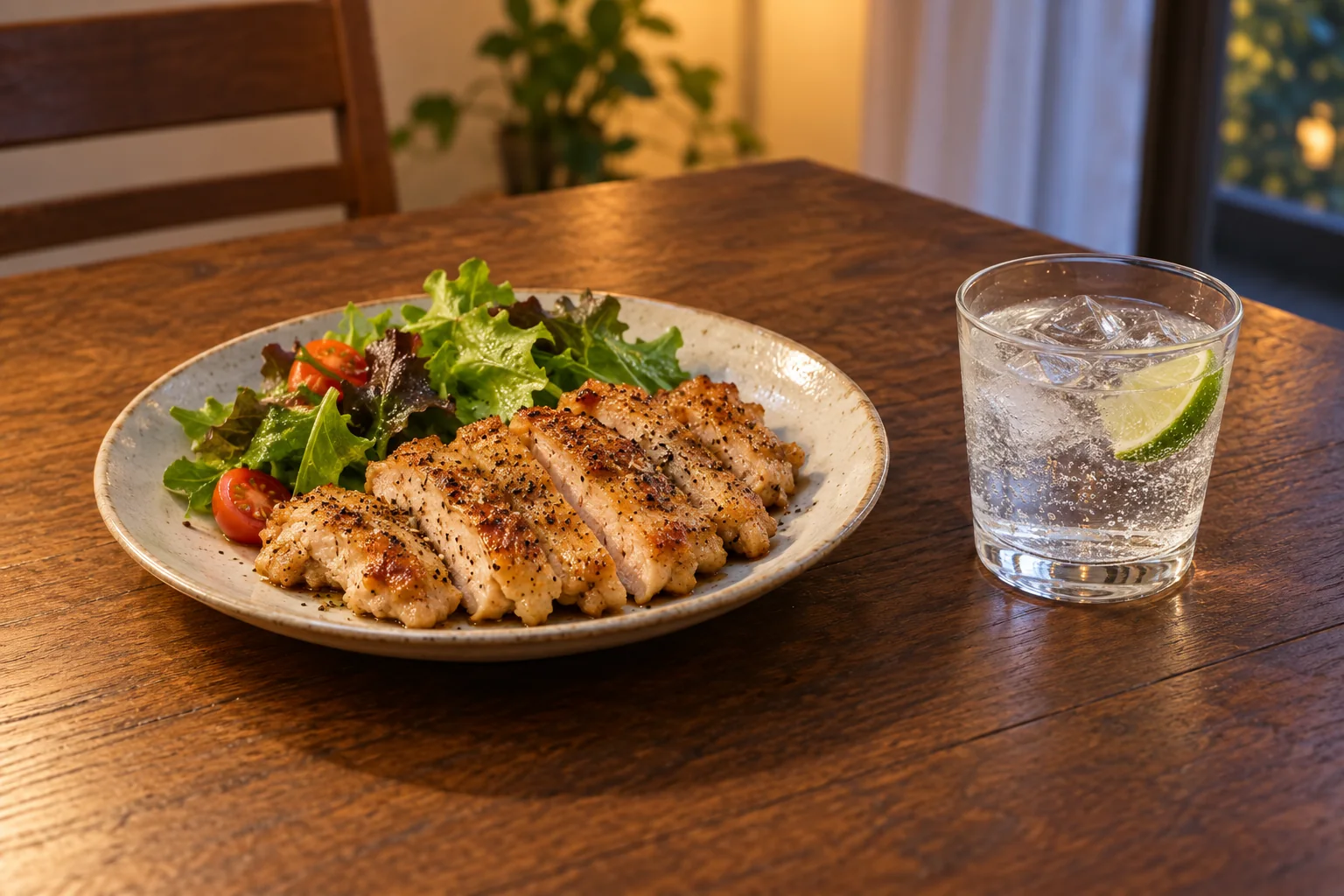 ライムを添えたジントニックと、黒こしょうの鶏肉を家庭の食卓に並べたイメージ。