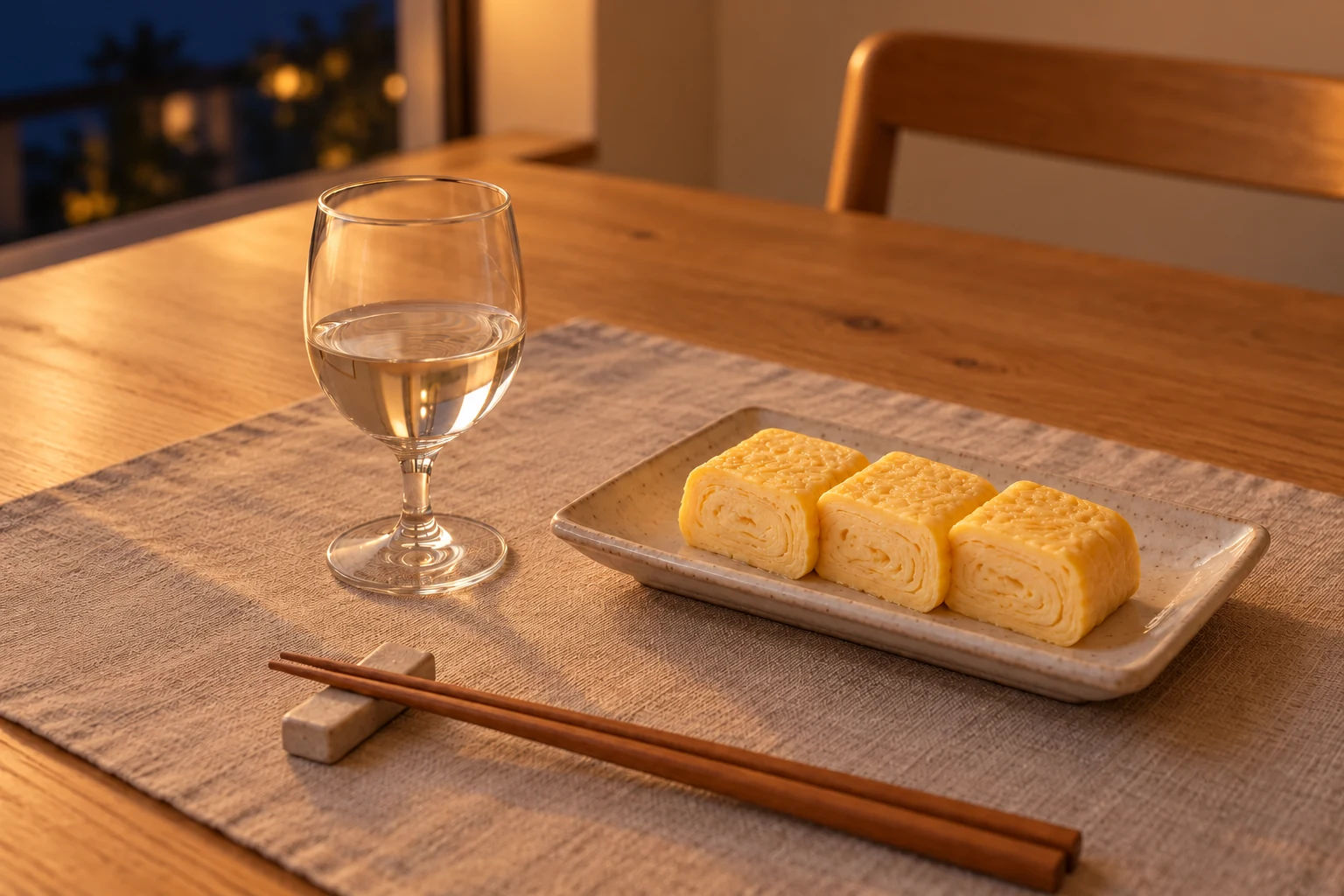 小さなワイングラスの透明な水割りと、だし巻き卵を並べた家庭の食卓のイメージ。