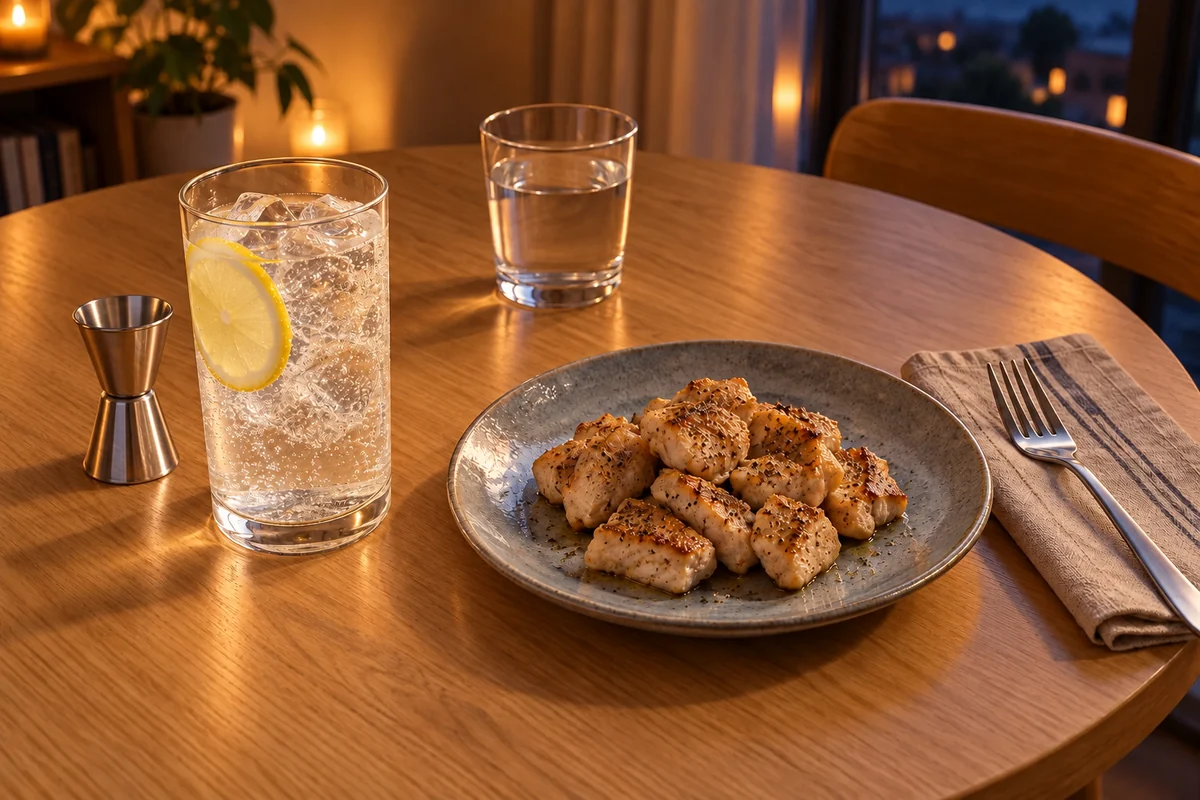 レモン入りのジントニックと鶏肉の塩こしょう焼き、計量具を並べた夜の食卓