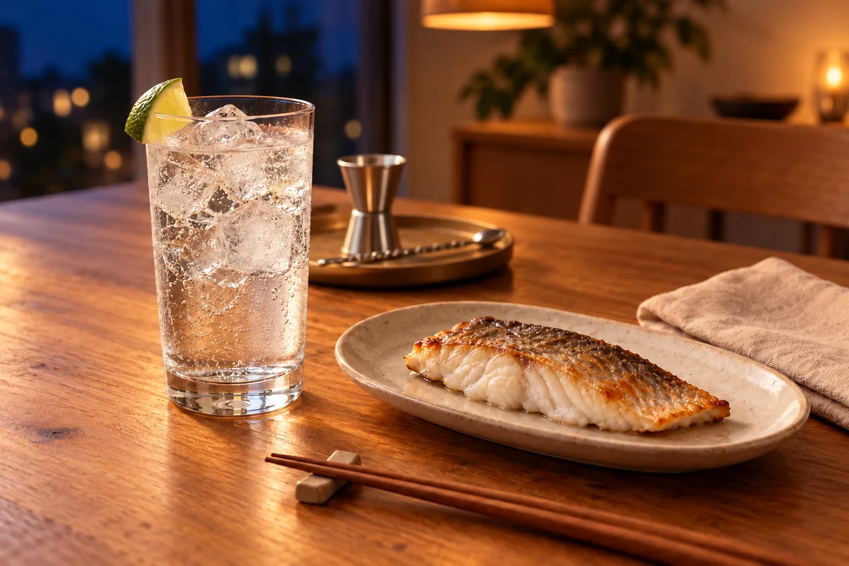 ライムを添えたジンソーダと白身魚の塩焼きを並べた夜の食卓