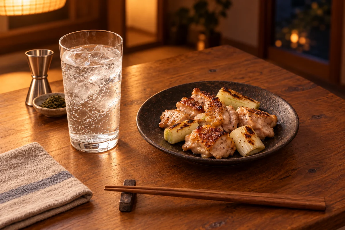 飾りのないジンソーダと鶏肉・長ねぎの塩焼き、計量具を置いた夜の食卓