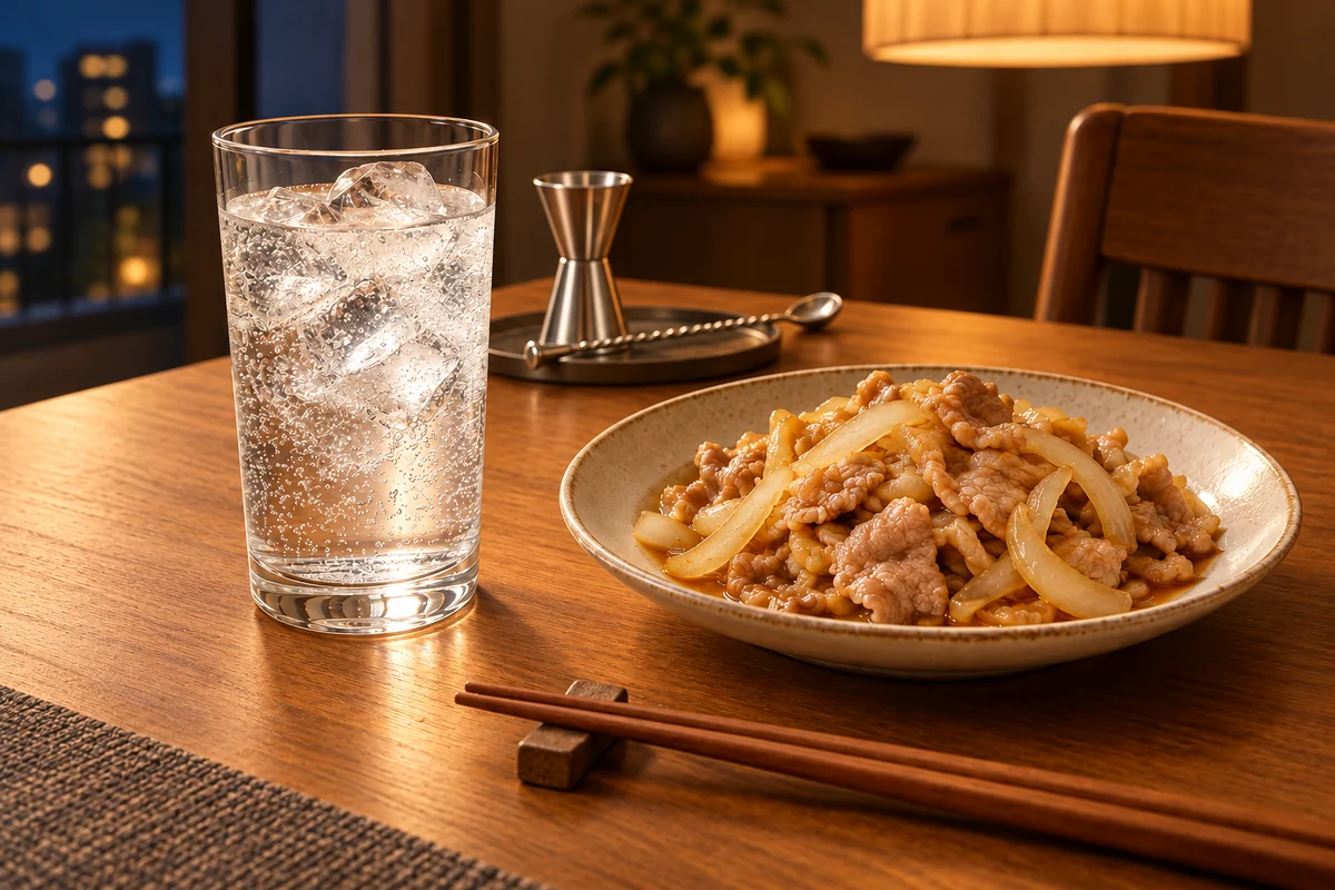 飾りのないジンソーダと豚肉・玉ねぎの生姜炒めを並べた夜の食卓