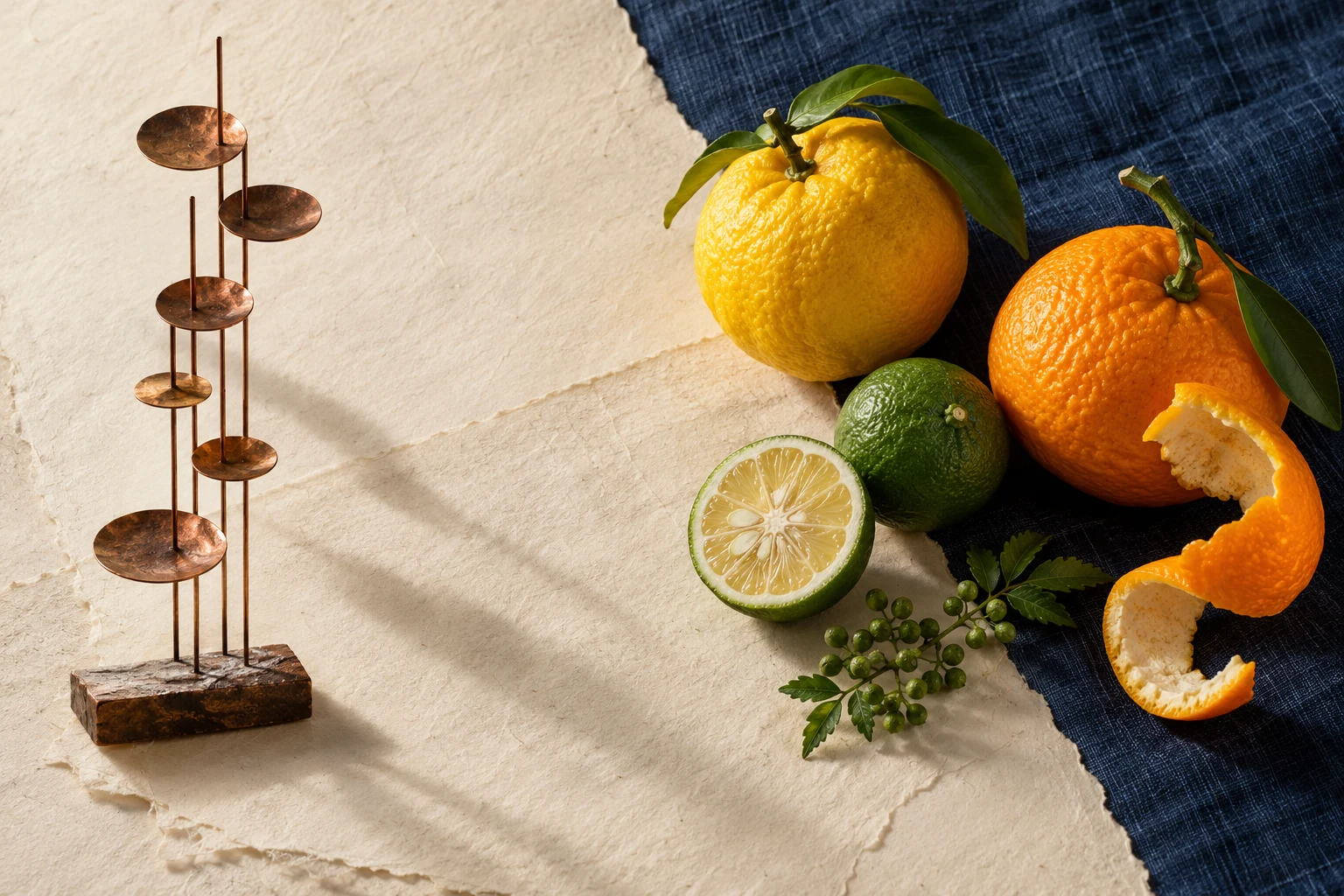 和柑橘と藍色の布、連続式蒸溜を連想させる銅の造形