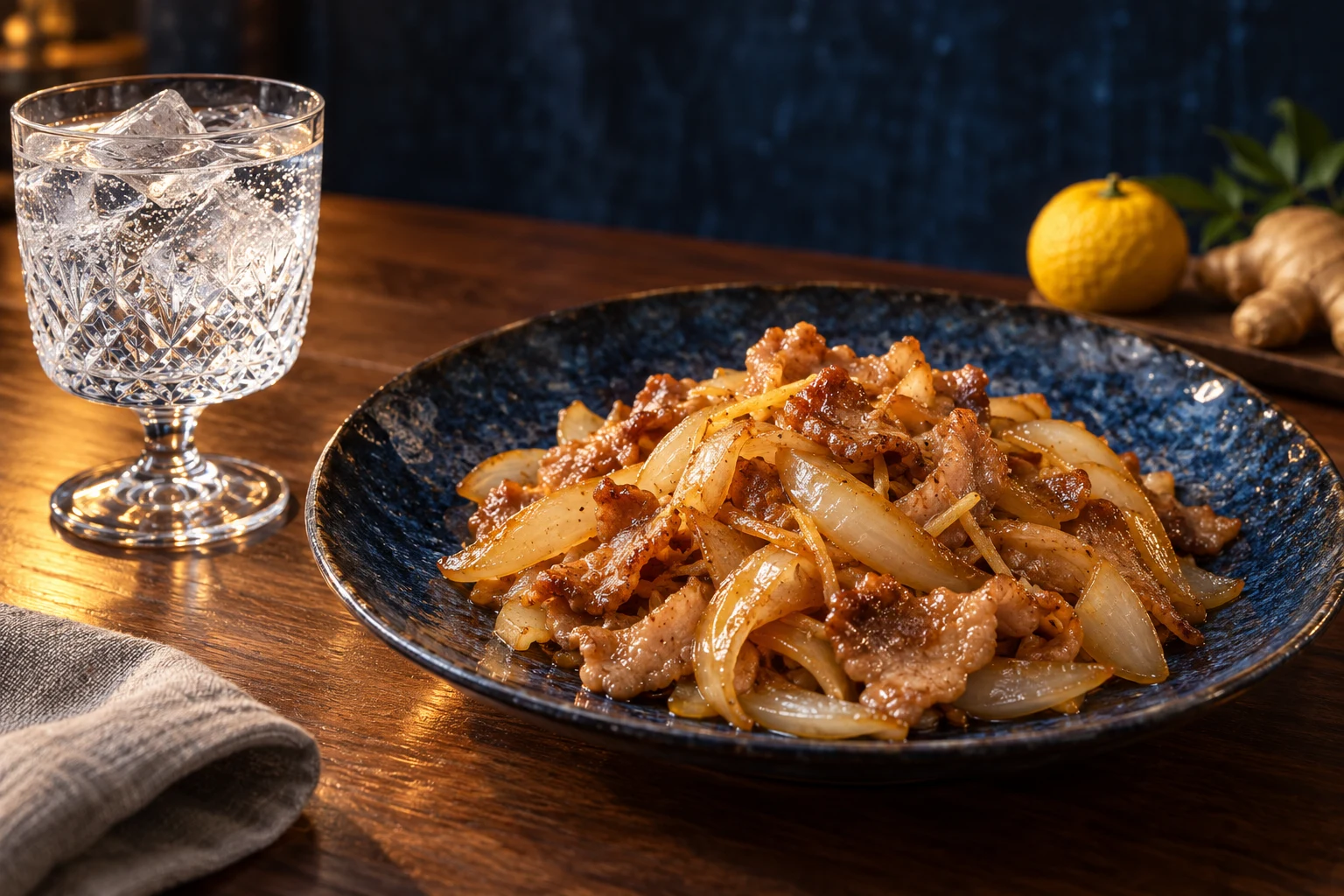 豚肉と玉ねぎの生姜炒めと、脚付きグラスに入れたジンソーダ