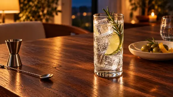 夜のテーブルに置いたライムとハーブの一杯、計量具と小皿